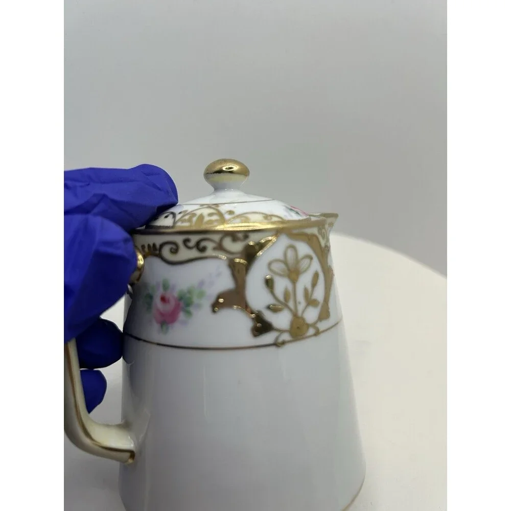 Nippon Hand Painted Porcelain Floral & Gold Gilt Syrup Pitcher‎ with Lid